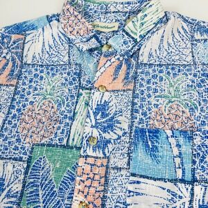 Caribbean Mens XL Blue Linen Blend Tropical Pineapple Hawaiian Shirt Vacation